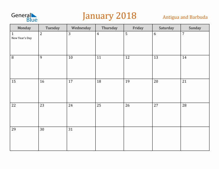 January 2018 Holiday Calendar with Monday Start