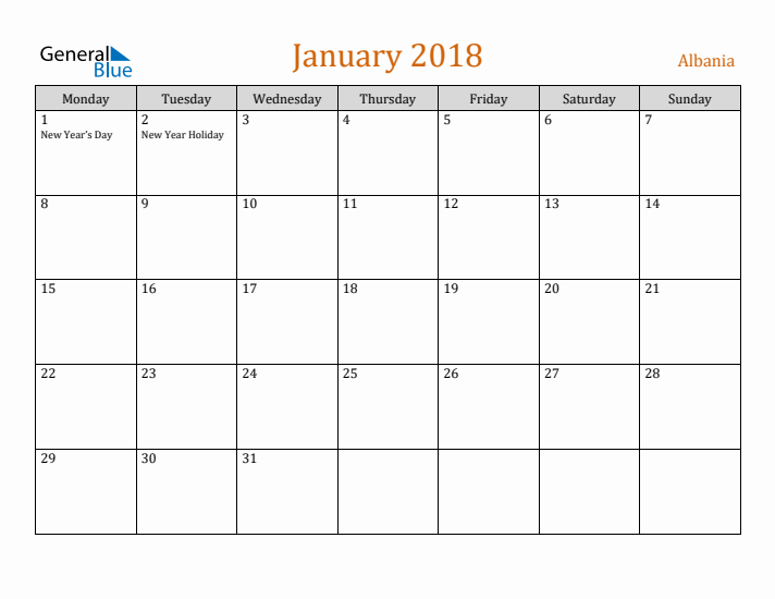 January 2018 Holiday Calendar with Monday Start