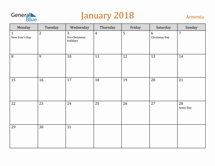 January 2018 Holiday Calendar with Monday Start