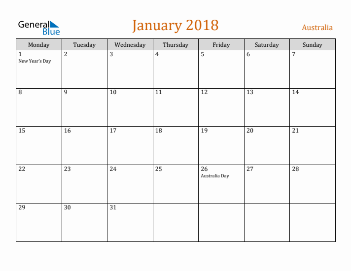 January 2018 Holiday Calendar with Monday Start