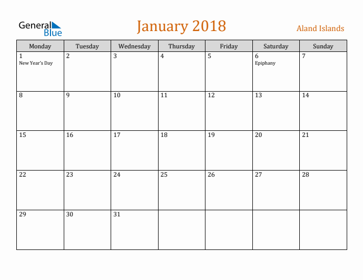 January 2018 Holiday Calendar with Monday Start