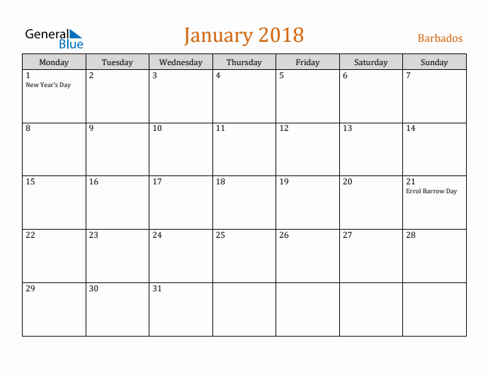 January 2018 Holiday Calendar with Monday Start