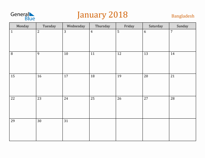 January 2018 Holiday Calendar with Monday Start