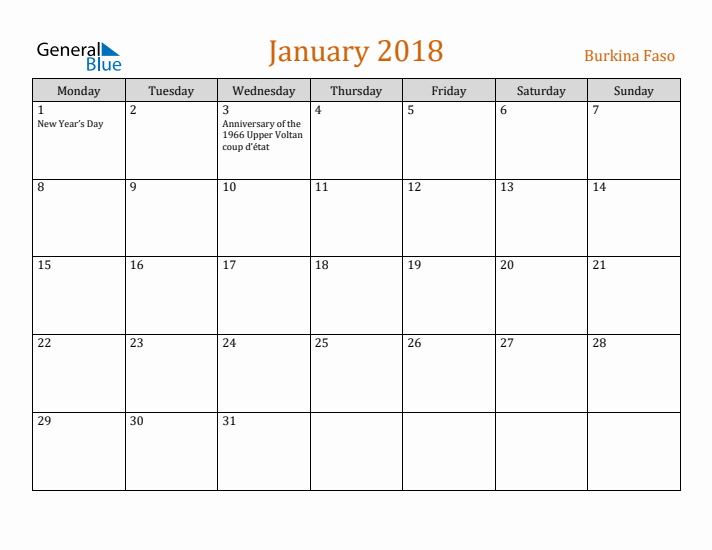 January 2018 Holiday Calendar with Monday Start