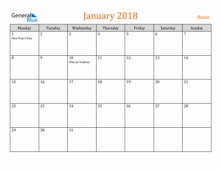 January 2018 Holiday Calendar with Monday Start