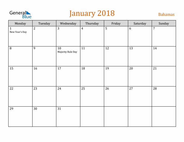 January 2018 Holiday Calendar with Monday Start