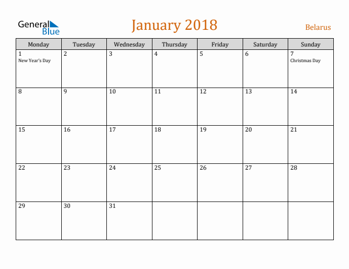 January 2018 Holiday Calendar with Monday Start