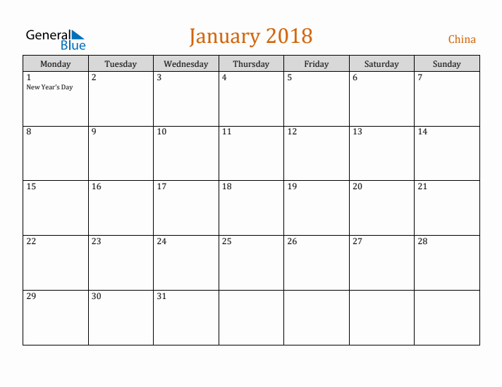 January 2018 Holiday Calendar with Monday Start