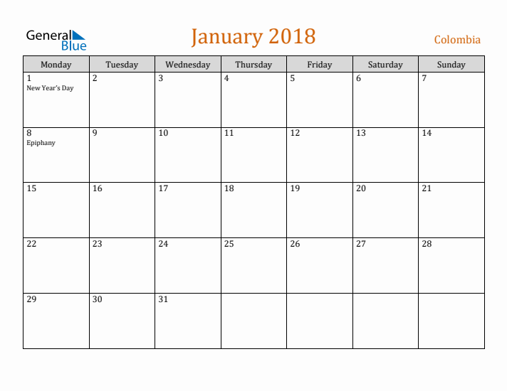 January 2018 Holiday Calendar with Monday Start