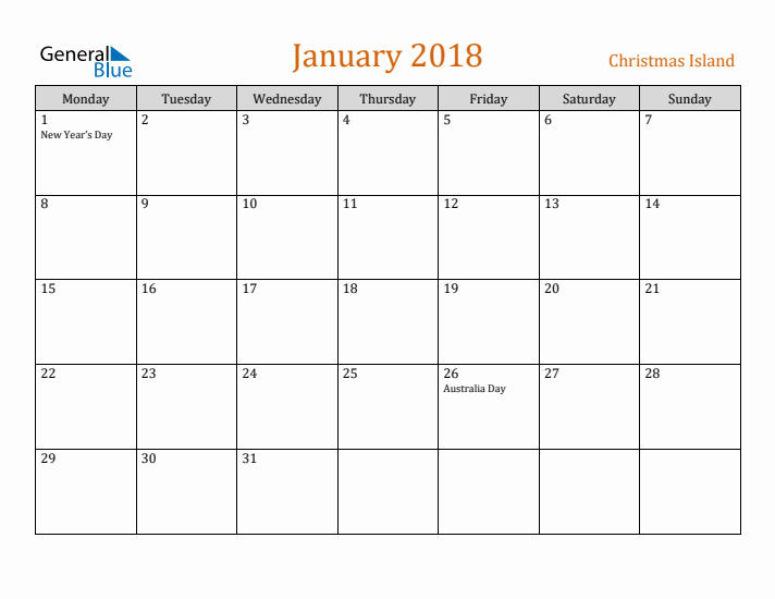 January 2018 Holiday Calendar with Monday Start