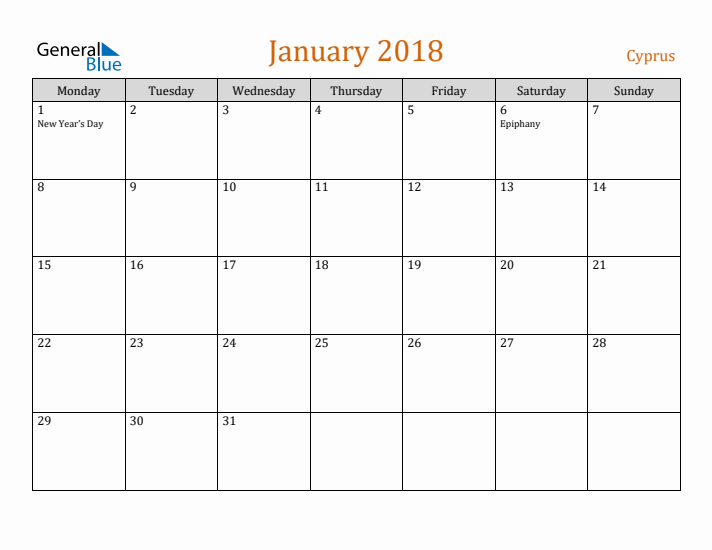 January 2018 Holiday Calendar with Monday Start