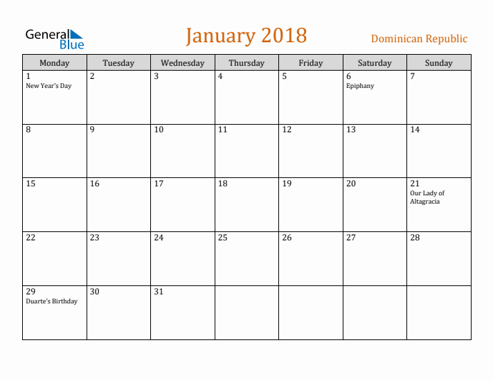 January 2018 Holiday Calendar with Monday Start