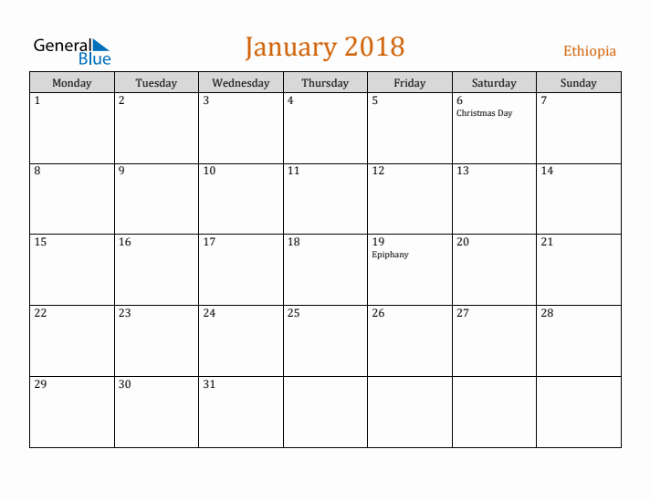 January 2018 Holiday Calendar with Monday Start