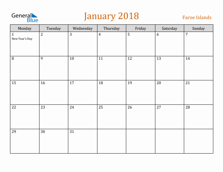 January 2018 Holiday Calendar with Monday Start