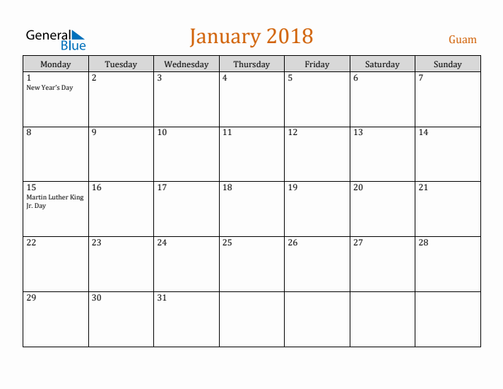 January 2018 Holiday Calendar with Monday Start