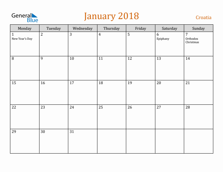 January 2018 Holiday Calendar with Monday Start