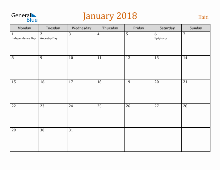 January 2018 Holiday Calendar with Monday Start