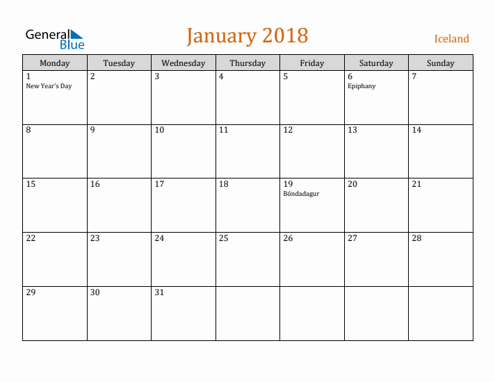 January 2018 Holiday Calendar with Monday Start