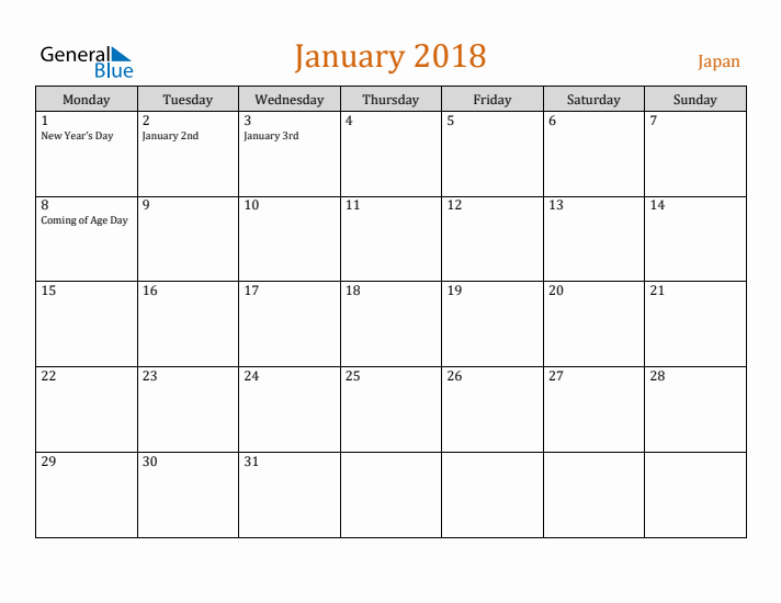 January 2018 Holiday Calendar with Monday Start