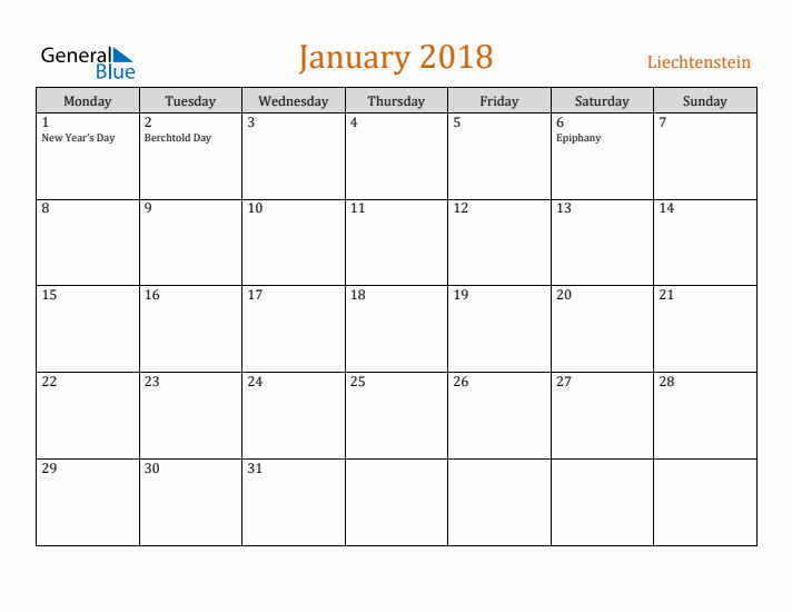 January 2018 Holiday Calendar with Monday Start