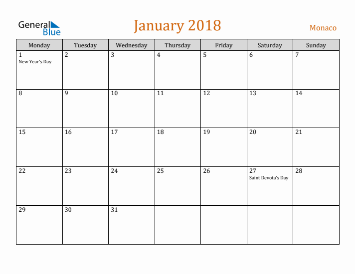 January 2018 Holiday Calendar with Monday Start