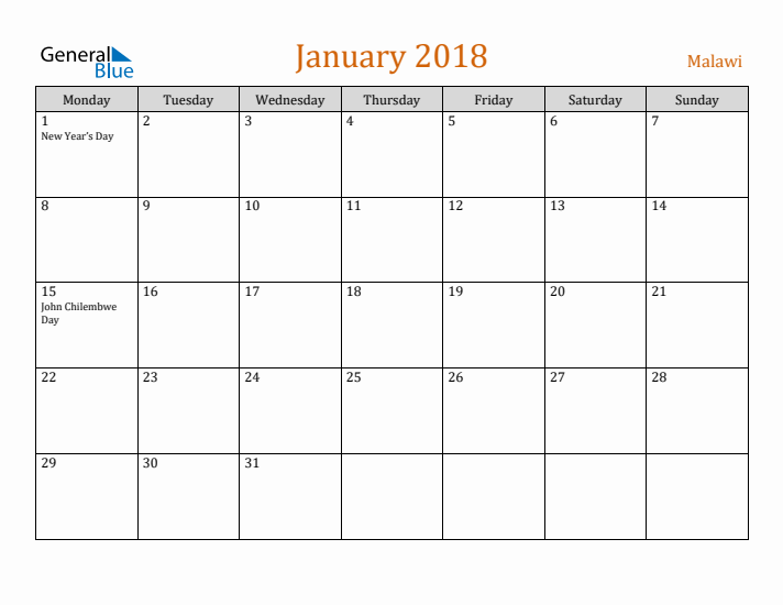 January 2018 Holiday Calendar with Monday Start