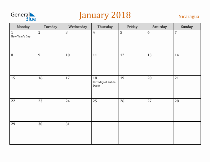 January 2018 Holiday Calendar with Monday Start