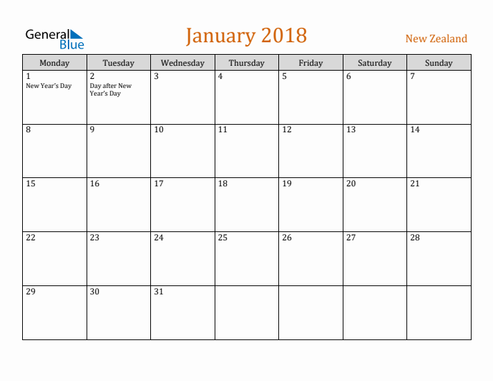 January 2018 Holiday Calendar with Monday Start