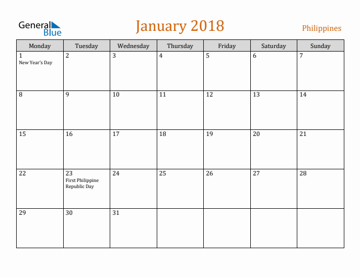 January 2018 Holiday Calendar with Monday Start