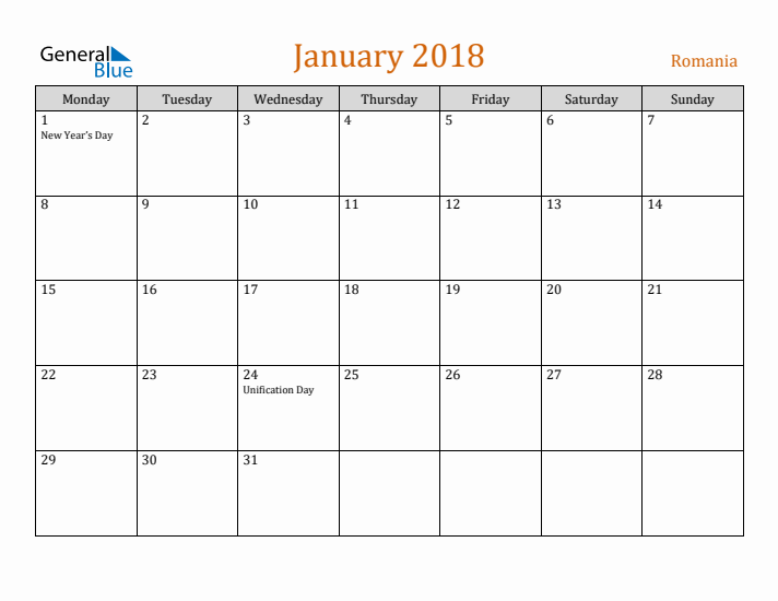 January 2018 Holiday Calendar with Monday Start