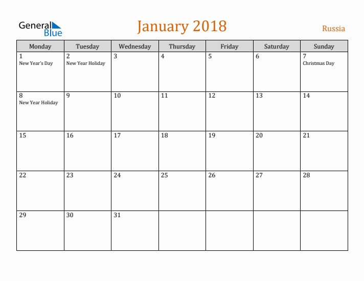 January 2018 Holiday Calendar with Monday Start