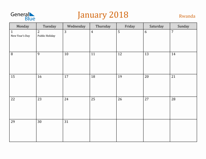 January 2018 Holiday Calendar with Monday Start