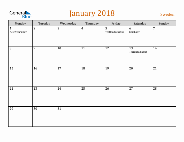 January 2018 Holiday Calendar with Monday Start