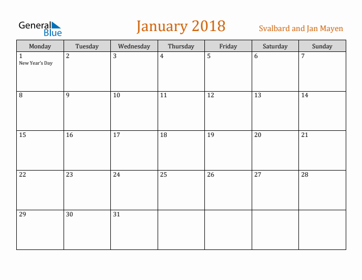 January 2018 Holiday Calendar with Monday Start