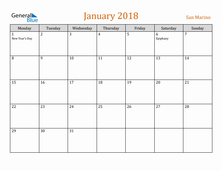 January 2018 Holiday Calendar with Monday Start