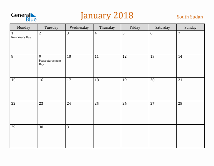 January 2018 Holiday Calendar with Monday Start