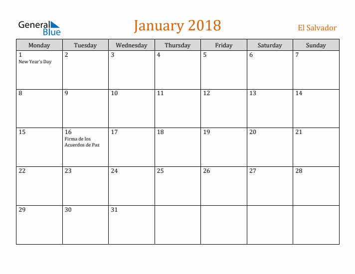 January 2018 Holiday Calendar with Monday Start