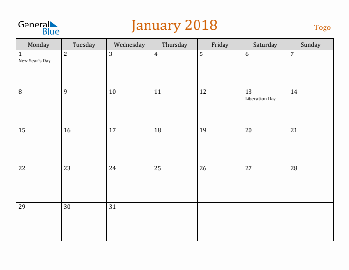 January 2018 Holiday Calendar with Monday Start