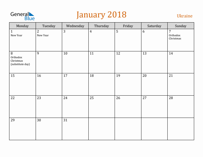 January 2018 Holiday Calendar with Monday Start