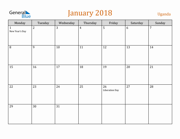 January 2018 Holiday Calendar with Monday Start