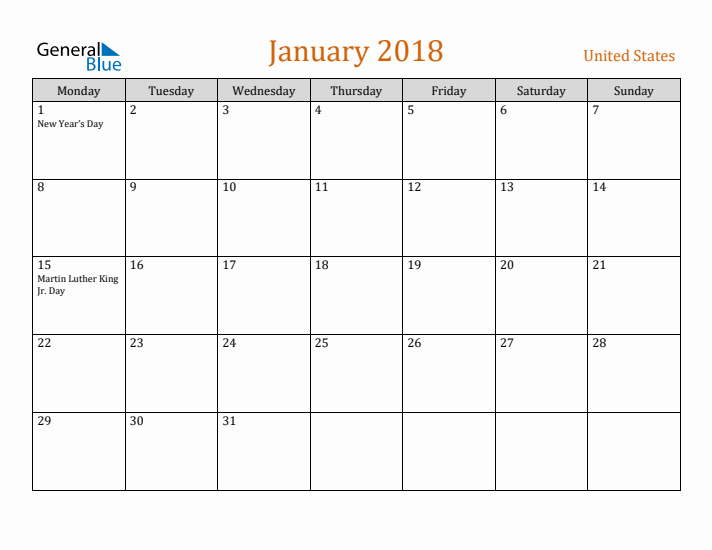 January 2018 Holiday Calendar with Monday Start