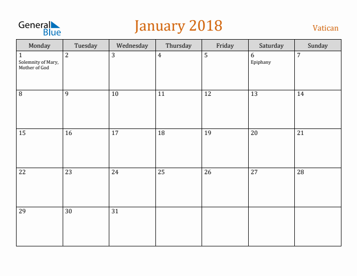 January 2018 Holiday Calendar with Monday Start