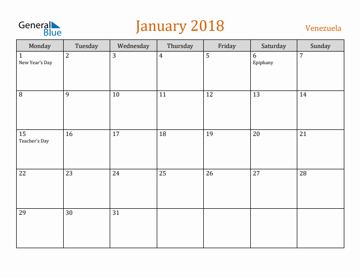 January 2018 Holiday Calendar with Monday Start