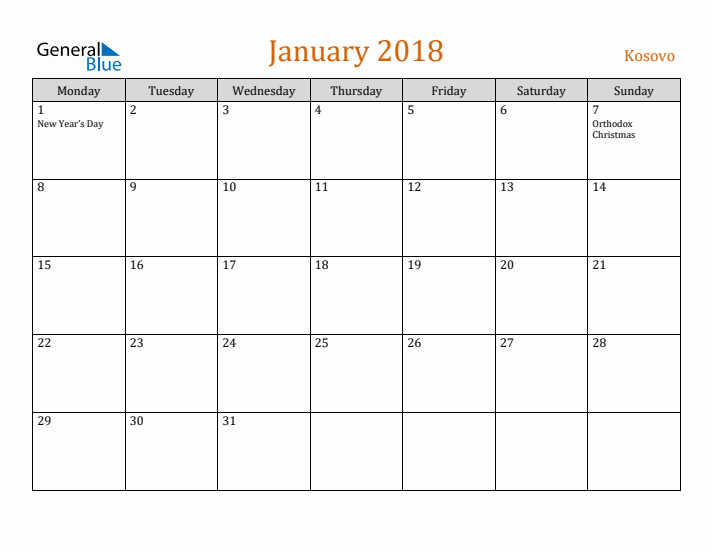 January 2018 Holiday Calendar with Monday Start