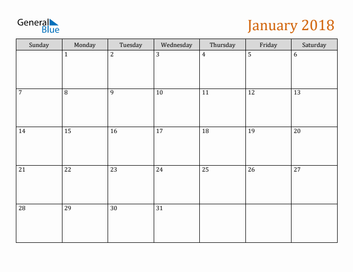 Editable January 2018 Calendar