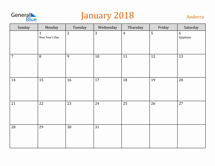 January 2018 Holiday Calendar with Sunday Start