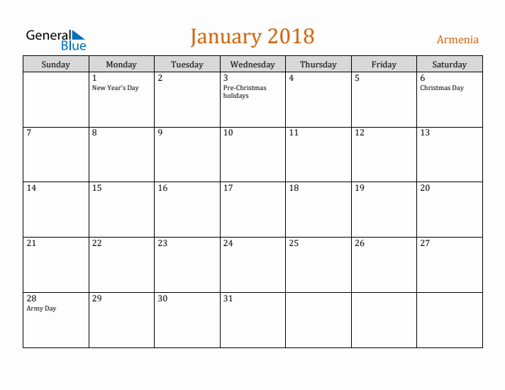 January 2018 Holiday Calendar with Sunday Start