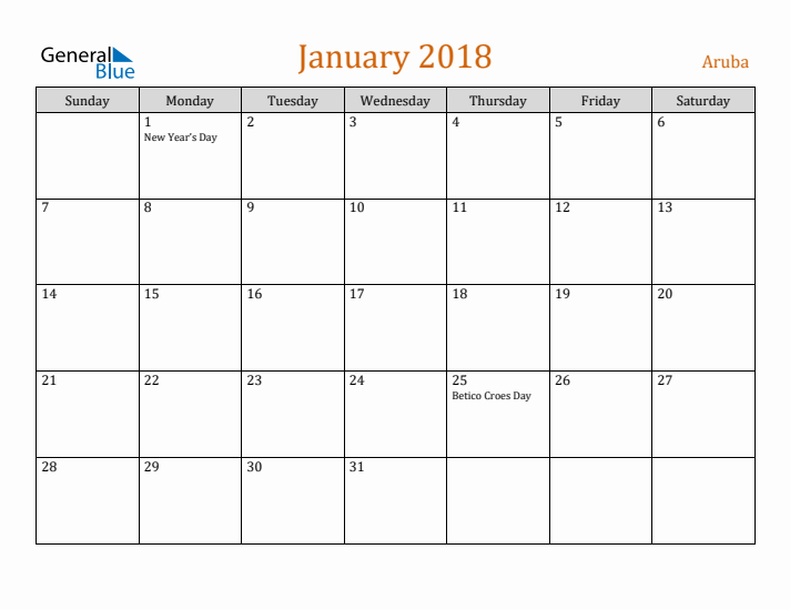 January 2018 Holiday Calendar with Sunday Start