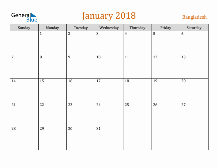 January 2018 Holiday Calendar with Sunday Start