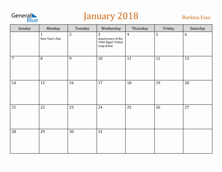 January 2018 Holiday Calendar with Sunday Start